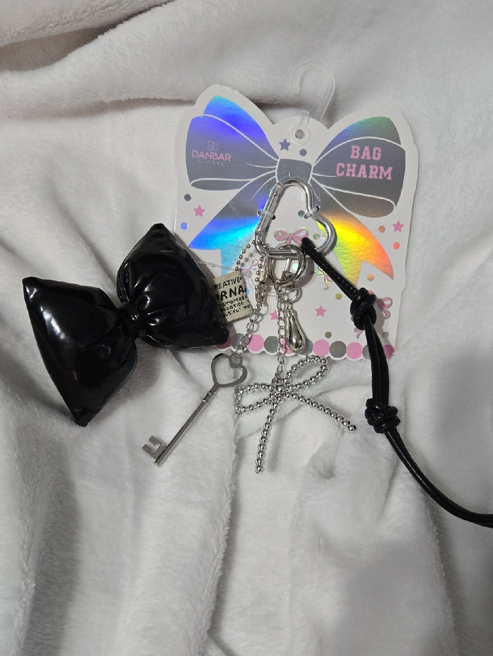 Silver Colored Bow & Key Bag Charm with Black Puffy LBow